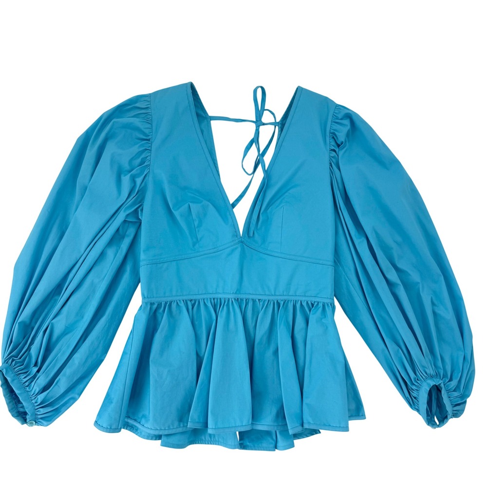 Staud Luna Peplum Top Womens 6 Blue Like New Balloon Puff Sleeve V-Neck Tie Back